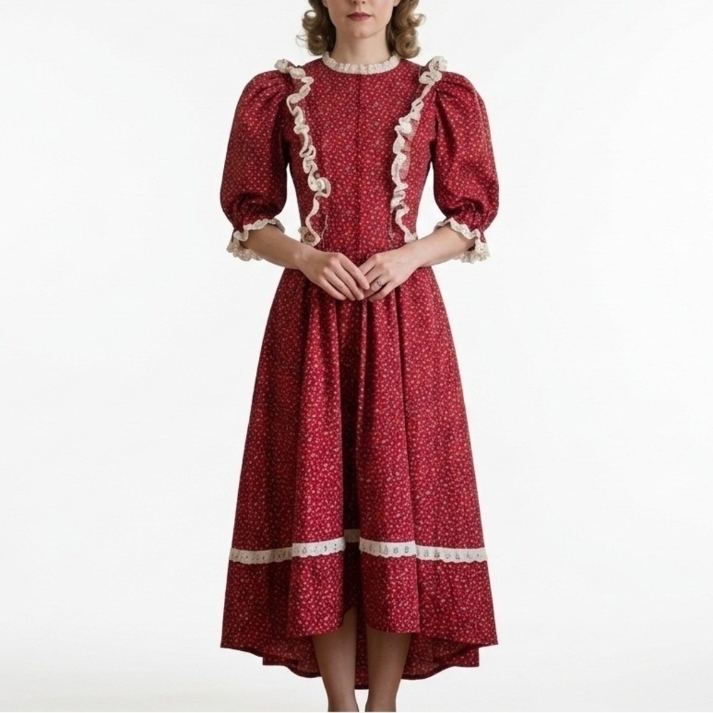 Vintage 70s Handmade Red Floral Calico Prairie Dress Puff Sleeve Cottagecore